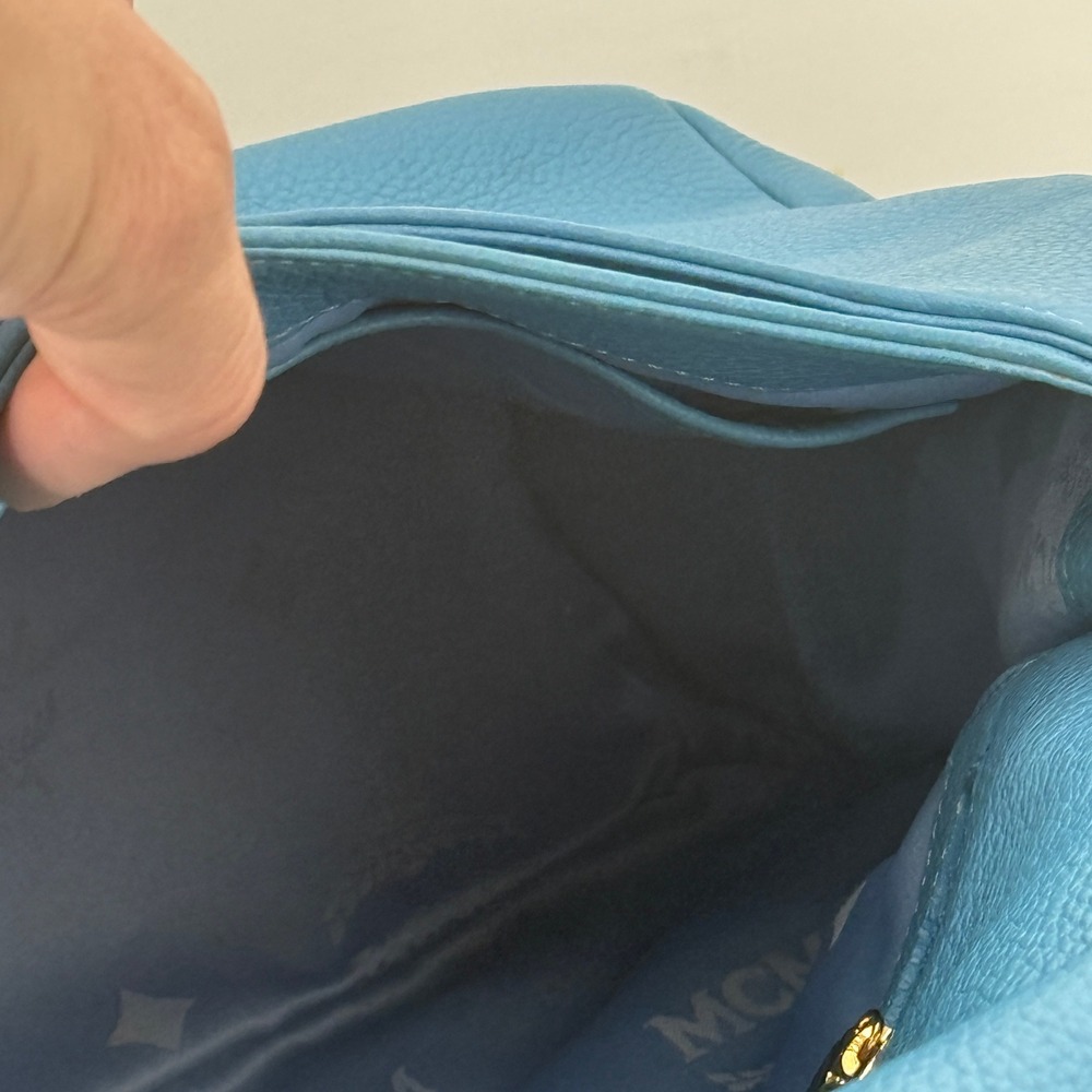 MCM Blue Pebbled Leather Studded Flap Crossbody Messenger Hobo Bag Gold Hardware - Picture 10 of 16